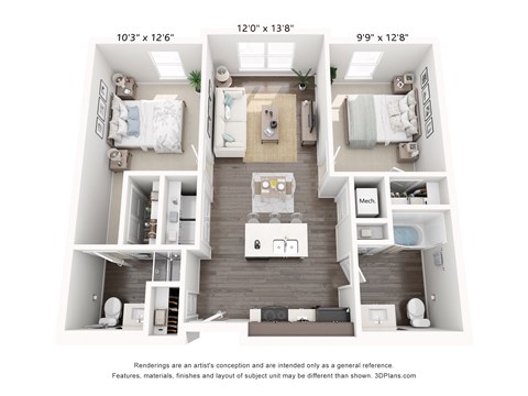 A 3D floor plan of a small apartment with three bedrooms and a living room.